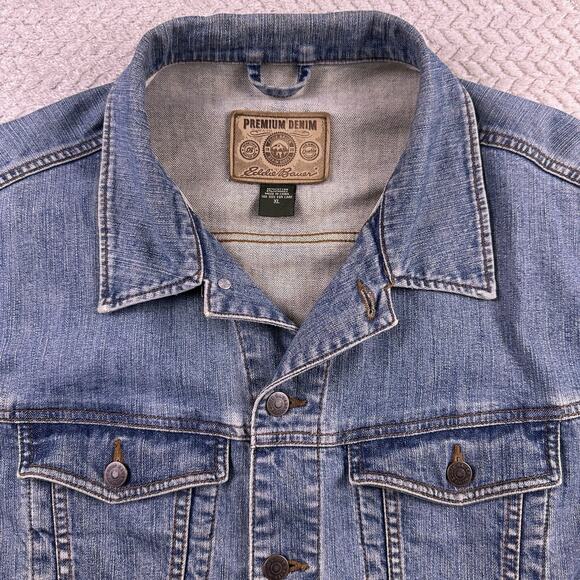 Eddie Bauer Trucker Jean Jacket Mens XL Denim Blue Cowboy motorcycle Grunge - Picture 6 of 14